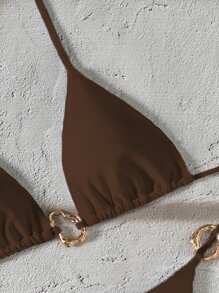 Swim Vcay Ensemble de bikini femme nouvelle mode, couleur unie, décolleté ras-du-cou, dos nu, décoration métallique, sexy triangle, été plage