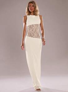 SHEIN BAE 女式黑色蕾丝拼布不对称无袖紧身连衣裙，性感度假透视连衣裙 - 杏色 - 查看 5