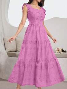 Modelyn 方领无袖荷叶边珍珠纽扣点缀蓝色刺绣连衣裙 - 粉色 - 查看 7