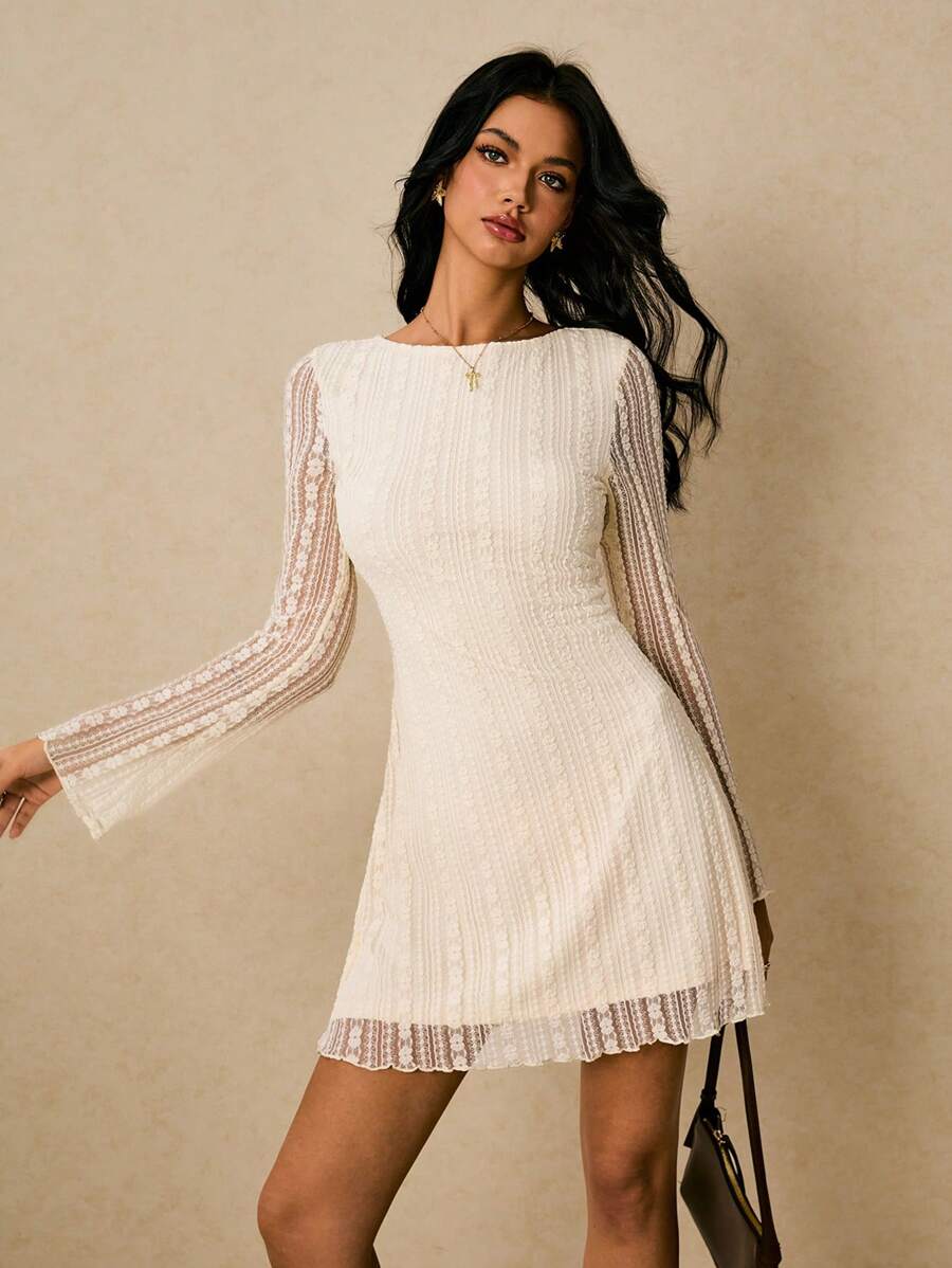 Poéselle Women's Dresses Backless Tie Dresses Lace Dresses Apricot Dresses Elegant Women's Short Dresses Women Contrast Lace Round Neck Long Sleeve Mini Dress Elegant Fall Dresses For Women  Fall Wedding Guest Dress Winter Dress Fall Clothes For Women Fall Dresses For Women Winter Clothes Winter Outfits For Women Winter Clothes Women Homecoming Dress Wedding Guest Dress Women Y2k Clothes Old Money Dress Old Money Outfits Women