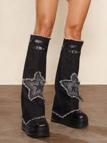 ROMWE Grunge Punk 1 Pair Punk-Style Leather Strap Bell-Bottom Leg Warmers With Rhinestones Star Design, Unique Fringed Leg Warmers, Versatile Goth Fashion Accessories, Halloween - Multicolor - View 2