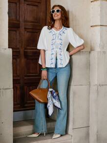 Solivie 女士夏季100%纯棉刺绣度假宽松泡泡袖系带衬衫，适合教师穿着，夏季女装，纯棉刺绣上衣 - 白色 - 查看 8