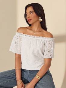 Almamuse Women's Solid Color Casual Embroidered Off Shoulder Blouse - White - View 1