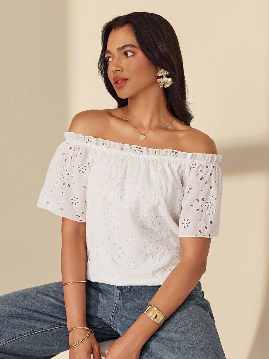 Almamuse Women's Solid Color Casual Embroidered Off Shoulder Blouse - White - View 1