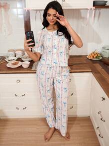 SHEIN Ins 可爱蝴蝶结条纹印花女士睡衣套装 - 彩色 - 查看 6