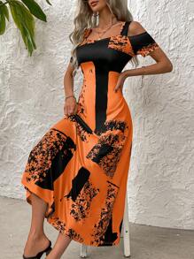 SHEIN LUNE 女式拼色连衣裙，适合夏季长款女装 - 橘色 - 查看 5