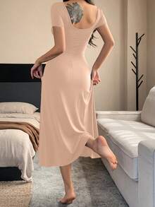DAZY Đầm ngủ nữ cổ chữ V buộc eo màu trơn - Hồng - Xem 2