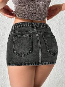 SHEIN PETITE Jupe en jean moulante courte avec décoration de poche, style décontracté pour femme - Noir - Voir 2