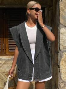 DAZY Chaqueta y abrigo de mezclilla de estilo informal, suelto y de vacaciones para mujer, nuevo modelo de verano para festival de música - Gris Oscuro - Ver 3