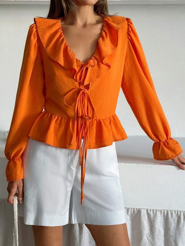EURMUSE Women Striped Tie-Up Boho Orange Blouse