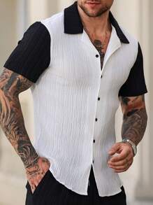 Manfinity Homme 男士拼色单排扣休闲短袖衬衫，夏季 - 白色 - 查看 6