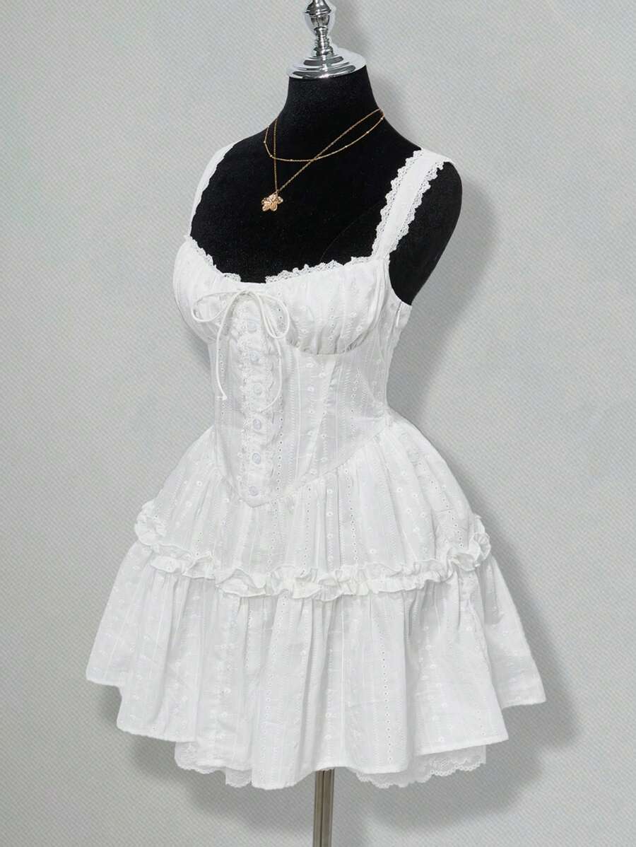 SHEIN ICON 女士白色茶会刺绣束腰外衣时尚优雅蕾丝边结饰吊带连衣裙 - 白色 - 查看 1