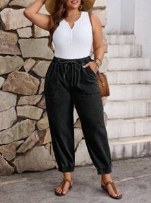 EMERY ROSE 大码休闲破洞抽绳腰锥形牛仔裤 - 黑色 - 查看 5