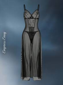 2 pezzi Affascinante set di lingerie sexy e trasparente con spacco alto e pizzo floreale, include Chemise e perizoma, colore nero