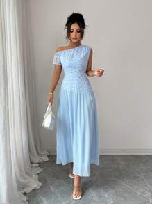 Modelyn 女式提花拼接雪纺不对称肩部夏季连衣裙 - 藍色 - 查看 8