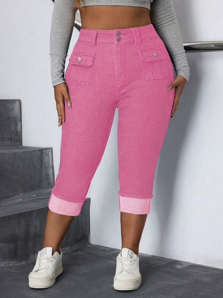 SHEIN CURVE+ Bohemian Style Plus Size Women Elastic Tight Folding Hem 3/4 Jeans, Autumn - Pink - View 6