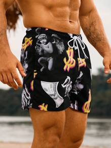 Surfspeed Men's Casual Full Print Drawstring Beach Shorts - Black - View 4
