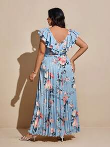 Viva Relle 大码女式优雅浪漫 V 领花卉印花夏季假日荷叶边腰 A 字连衣裙 - 藍色 - 查看 2