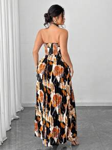 Elenzga Plus Size Women's Summer Vacation Elegant Romantic Digital Print Bandeau Ruched A-Line Long Dress