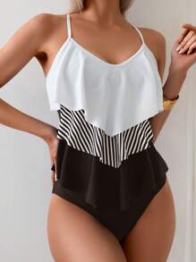 Swim Lushoire Women's Summer Beach Striped Patchwork Ruffle Hem Tankini Swimsuit Set - Black and White - View 1