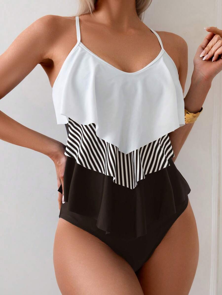Swim Lushoire Women's Summer Beach Striped Patchwork Ruffle Hem Tankini Swimsuit Set - Black and White - View 1
