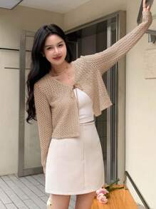 DAZY Women Spring Summer Long-Sleeved Hollow Out Front Lace-Up Crop Top Long Sleeve Women Tops - Khaki - View 4