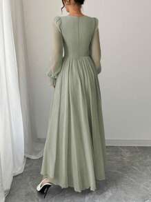 Modelyn Váy tay đèn lồng chéo màu trơn thanh lịch kiểu Pháp - màu xanh lá - Xem 2