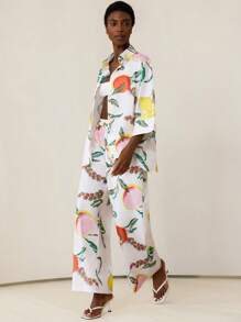 Aveloria Modichic [Phong cách Châu Âu và Mỹ] Áo sơ mi sợi tre in hình trái cây rộng rãi + Quần ống rộng in hình trái cây giản dị chất lượng cao, Bộ 2 món sảng khoái cho nữ - Nhiều màu - Xem 1