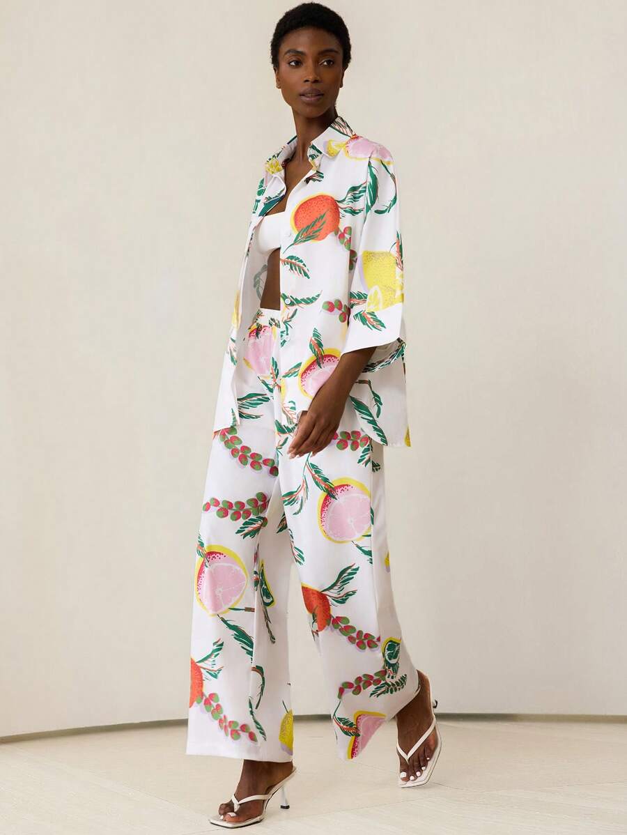 Aveloria Modichic [Phong cách Châu Âu và Mỹ] Áo sơ mi sợi tre in hình trái cây rộng rãi + Quần ống rộng in hình trái cây giản dị chất lượng cao, Bộ 2 món sảng khoái cho nữ - Nhiều màu - Xem 1