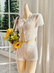 Skyraze Women Solid Color Regular Shoulder Short Sleeve Casual Hollow-Out Knit Set