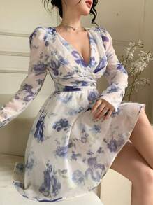 DAZY Robe courte d'été à manches longues col V avec motif floral tout-sur-tout, style vacances pour femmes