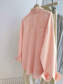 Plus Size Women's Knight Printed Striped Long Sleeve Single-Breasted Shirt Fall Cloth For Women - Coral Pink - View 2
