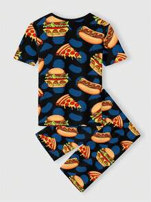 SHEIN 青少年男孩休闲简约卡通汉堡印花贴身短袖 T 恤和裤子睡衣套装，春夏 - 彩色 - 查看 2