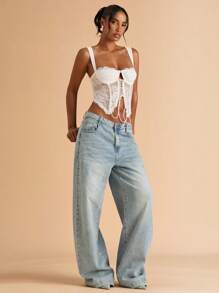 SHEIN BAE Áo croptop ren xuyên thấu gợi cảm dành cho nữ, thích hợp cho buổi hẹn hò, tiệc độc thân, tiệc sinh nhật, tiệc cocktail, hộp đêm, tiệc lễ hội, ngày Valentine. - trắng - Xem 3