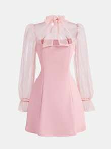 SHEIN Serisse Kids Tween Girls Contrast Mesh Flare Sleeve Bow Solid Turtleneck Long Sleeve Dress, Back-To-School, Suitable For Daily Wear, Casual Occasions, Elegant Parties, Birthday Parties Pink Dress With Sheer Sleeves Girls Pink Dress Fall Winter - Baby Pink - View 2