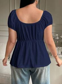 Solflare Plus Size Navy Blue Hollow Out Semi-Sheer T-Shirt, Summer,Back To School , Square Neck Top - Navy Blue - View 2
