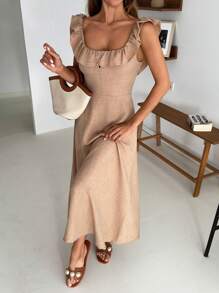 SHEIN Frauen, Frühling, Sommer, knöchellange Länge, Rüschen-Ausschnitt, Boho-Kleid, niedlich, tiefer Rückenausschnitt, regular Passform