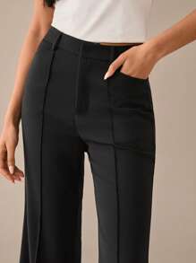 Lilora 纯色褶皱优雅时尚口袋喇叭裤都市风格女士休闲通勤裤都市休闲浪漫优雅外出