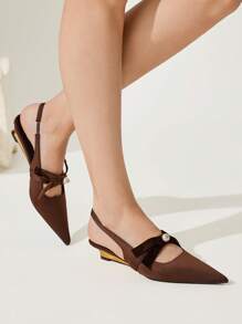 CUCCOO CHICEST New Summer Women Shoes, Elegant Romantic Pointy-Toe Wedge Heels With Pearl & Bow Decor, Chocolate Color, Suitable For Tea, Dates, Parties, Fashion Outfits - Brown - View 8
