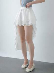 SHEIN Unity Falda asimétrica blanca de mujer con diseño frontal y trasero, falda de moda de encaje y parches de verano, falda elegante - Blanco - Ver 4
