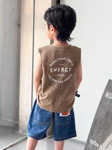 SHEIN Young Boy Letter Print Pattern Washed Loose Knit Casual Top - Brown - View 3