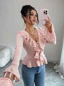 Chiquease Women's Ruffled Single Breasted Bell Sleeve Knitted Cardigan Fall Cloth For Women