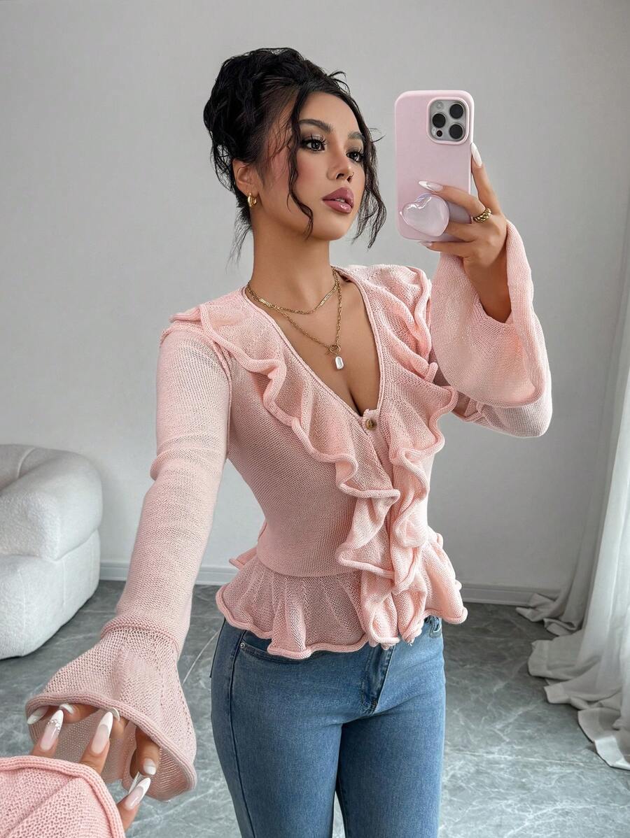 Chiquease Women's Ruffled Single Breasted Bell Sleeve Knitted Cardigan Fall Cloth For Women