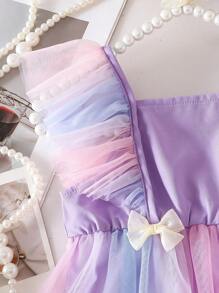 SHEIN 女婴夏季韩版修身可爱粉色雪纺拼接彩色网纱荷叶边蝴蝶结装饰连体连衣裙 - 紫色 - 查看 5