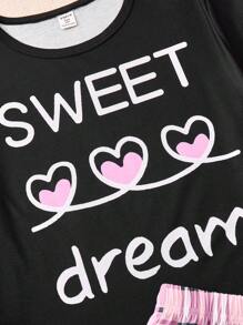 SHEIN 2pcs/Set Dozemod Kids & Teen Girls Casual Loose Letter Graphic Round Neck Short Sleeve T-Shirt And Plaid Shorts Pajamas, Flame Retardant - Purple - View 4