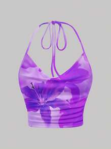 SHEIN EZwear 休闲简约领带紫色百合花卉印花短款上衣，百搭，适合夏季、度假/海滩穿着 - 彩色 - 查看 1