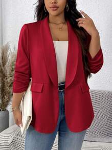 SHEIN LUNE Áo khoác blazer nữ màu trơn cổ tròn tay nhún thường ngày cỡ lớn Áo khoác blazer nữ màu đỏ Áo khoác blazer nữ màu đỏ Áo khoác vest màu đỏ cho mùa thu/đông - Đỏ - Xem 5