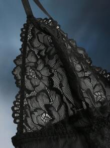 2 pezzi Affascinante set di lingerie sexy e trasparente con spacco alto e pizzo floreale, include Chemise e perizoma, colore nero