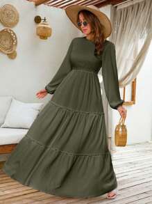 EURMUSE LANTERN LONG SLEEVE LAYERED LONG DRESS - Green - View 3