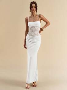 SHEIN BAE Women's Summer Sexy Vacation Lace Patchwork Sheer Back Pleated Bodycon Spaghetti Strap Dress,Fall Wedding Guest Dress,Valentine's Day,Valentine Outfits For Women - White - View 3